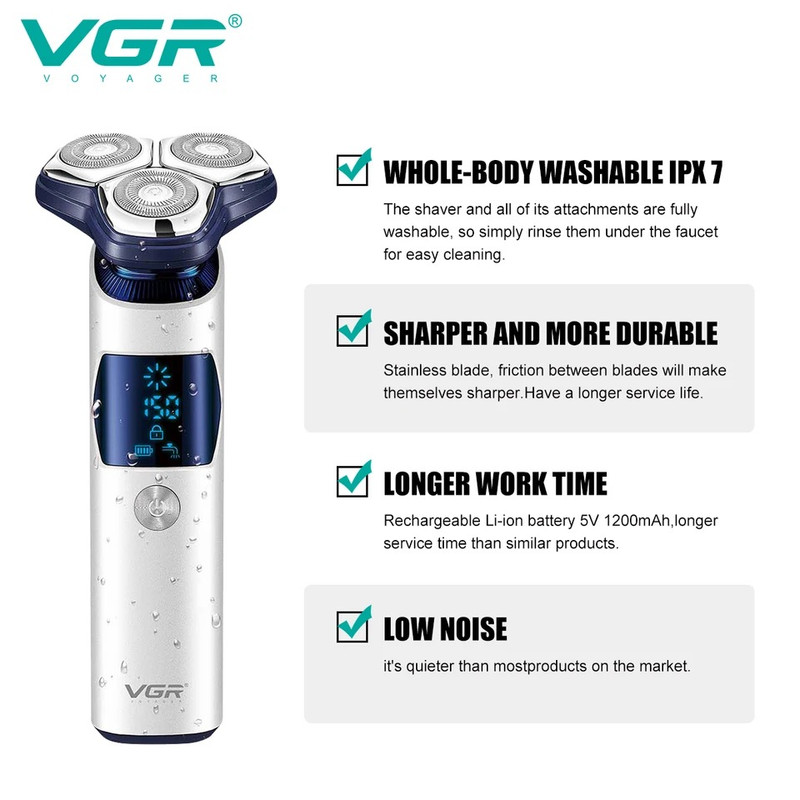 ماشین اصلاح موی صورت وی جی ار مدل V-328 با تیغه استیل پیشرفته، باتری قابل شارژ، ضدآب، نحوه اصلاح چرخشی، زمان استفاده 150 دقیقه پس از شارژ و مدت زمان شارژ 120 دقیقه