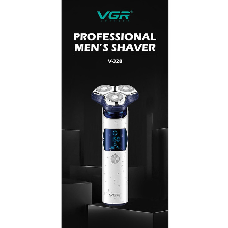 ماشین اصلاح موی صورت وی جی ار مدل V-328 با تیغه استیل پیشرفته، باتری قابل شارژ، ضدآب، نحوه اصلاح چرخشی، زمان استفاده 150 دقیقه پس از شارژ و مدت زمان شارژ 120 دقیقه