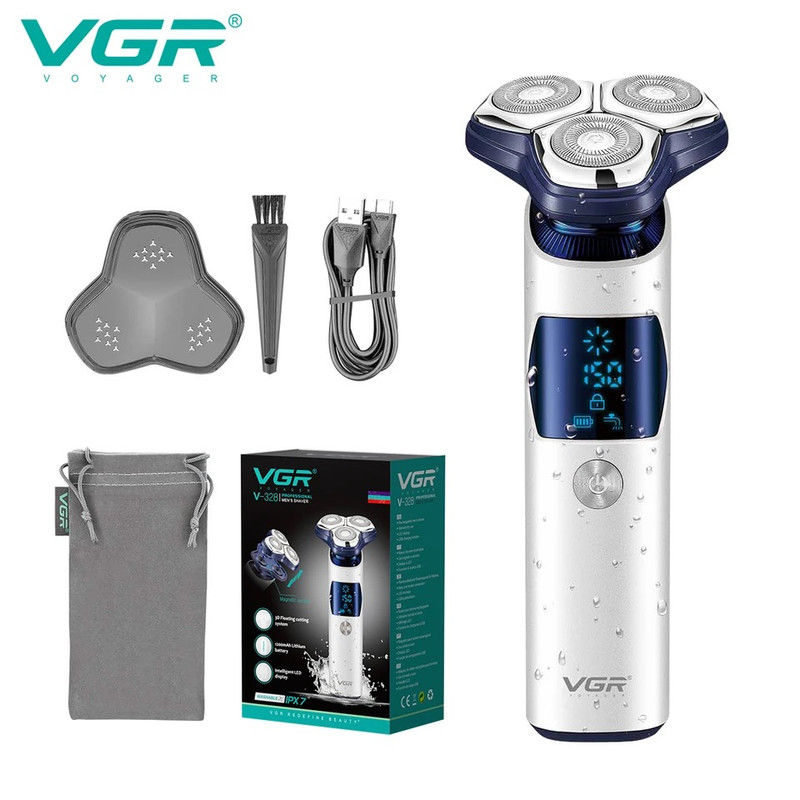 ماشین اصلاح موی صورت وی جی ار مدل V-328 با تیغه استیل پیشرفته، باتری قابل شارژ، ضدآب، نحوه اصلاح چرخشی، زمان استفاده 150 دقیقه پس از شارژ و مدت زمان شارژ 120 دقیقه