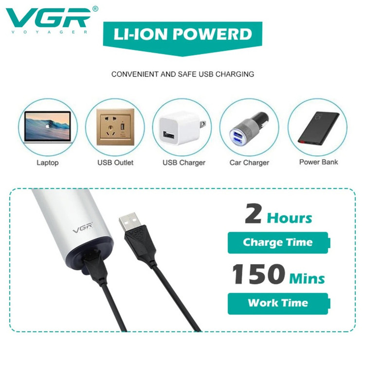 ماشین اصلاح موی صورت وی جی ار مدل V-328 با تیغه استیل پیشرفته، باتری قابل شارژ، ضدآب، نحوه اصلاح چرخشی، زمان استفاده 150 دقیقه پس از شارژ و مدت زمان شارژ 120 دقیقه