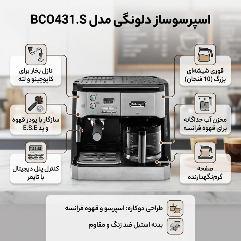 اسپرسوساز صنعتی 1200 میلیلیتری دلونگی مدل BCO431.S با مصرف پودر قهوه، مناسب تهیه اسپرسو، کافه لاته، کاپوچینو و فرانسه، دارای 2 عدد نازل قهوه، تنظیم میزان بخاردهی