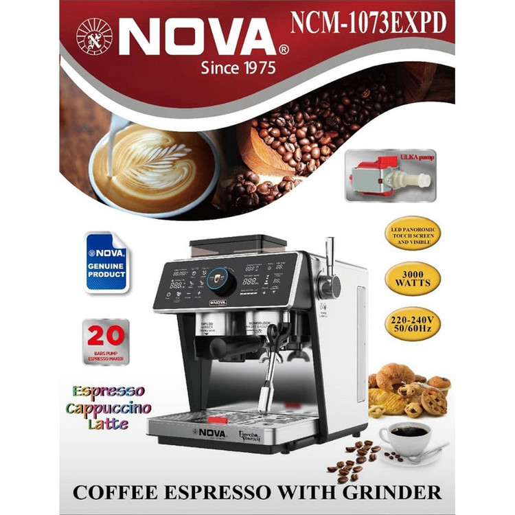 اسپرسوساز نیمهصنعتی نوا مدل NCM-1073EXPD، با توان 3000 وات و فشار بخار 20 بار، آسیاب قهوه با 31 درجه آسیاب، نمایشگر لمسی و دیجیتال، تنظیم دما، خاموشی خودکار و قابلیت استفاده همزمان از عصارهگیری و نازل بخار
