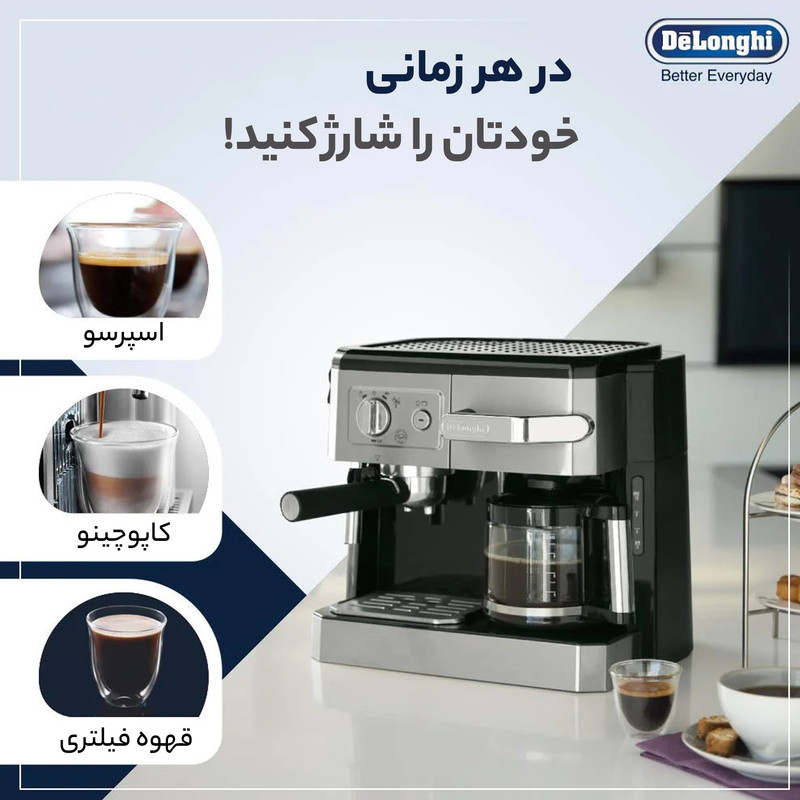 اسپرسوساز و قهوهساز دلونگی مدل BCO420، با توان مصرفی 1750 وات، قابلیت تهیه اسپرسو، قهوه فرانسه، کاپوچینو و کافهلاته، 2 نازل خروجی، کفساز شیر و صفحه گرمنگهدار برای 10 فنجان