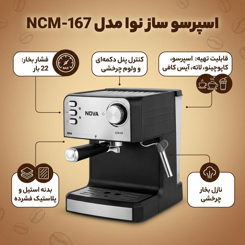 اسپرسوساز 1800 میلیلیتری نوا مدل NCM-167، مناسب تهیه اسپرسو، تنظیم میزان بخاردهی