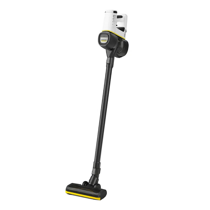 جارو شارژی عصایی کرشر مدل VC 4 CORDLESS با باتری 21.6 ولت، ظرفیت مخزن 650 میلیلیتر، قابلیت تنظیم سرعت، فیلتر قابل شستوشو، پاروی اصلی چندسطحی و دو سری نازل مخصوص شکاف و گردوغبار، دسته قابل تنظیم و پایه دیواری برای شارژ و نگهداری آسان