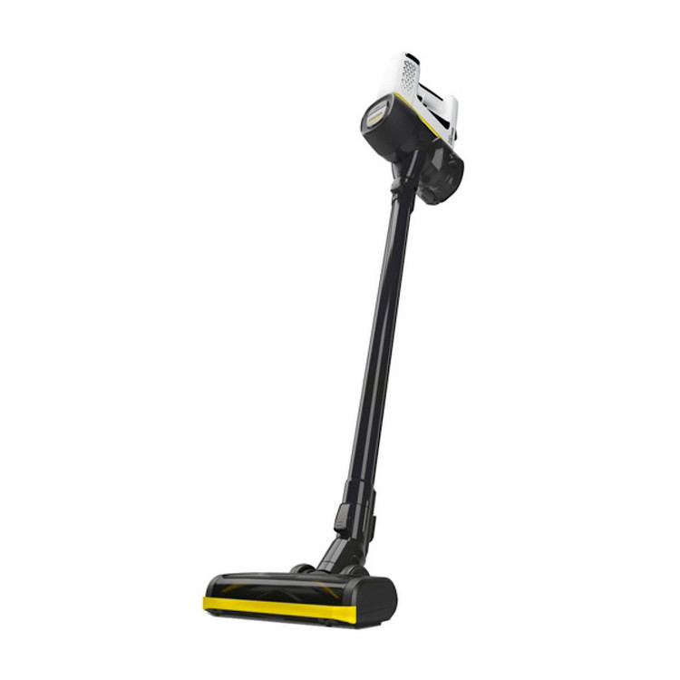 جارو شارژی عصایی کرشر مدل VC 4 CORDLESS با باتری 21.6 ولت، ظرفیت مخزن 650 میلیلیتر، قابلیت تنظیم سرعت، فیلتر قابل شستوشو، پاروی اصلی چندسطحی و دو سری نازل مخصوص شکاف و گردوغبار، دسته قابل تنظیم و پایه دیواری برای شارژ و نگهداری آسان